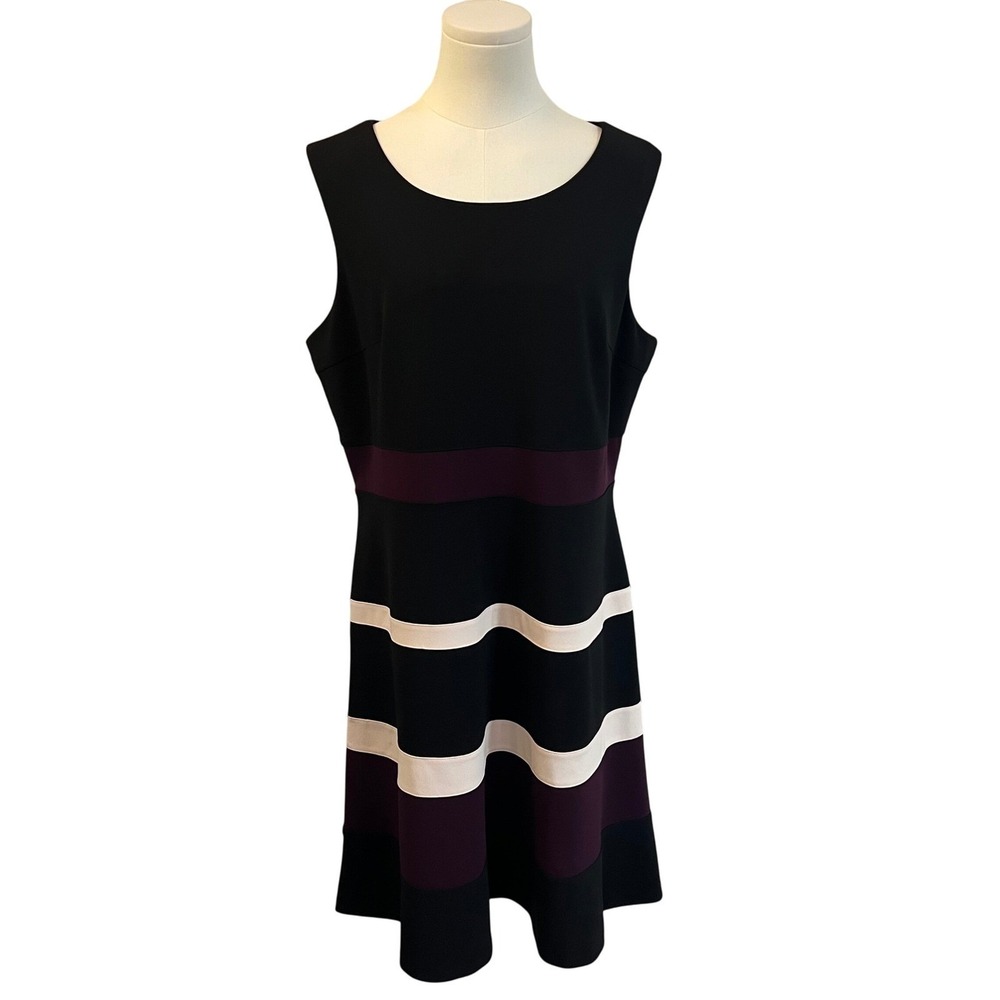 Tommy Hilfiger Black Colorblock Dress A Line Work Office Fit Flare Size 16 Midi